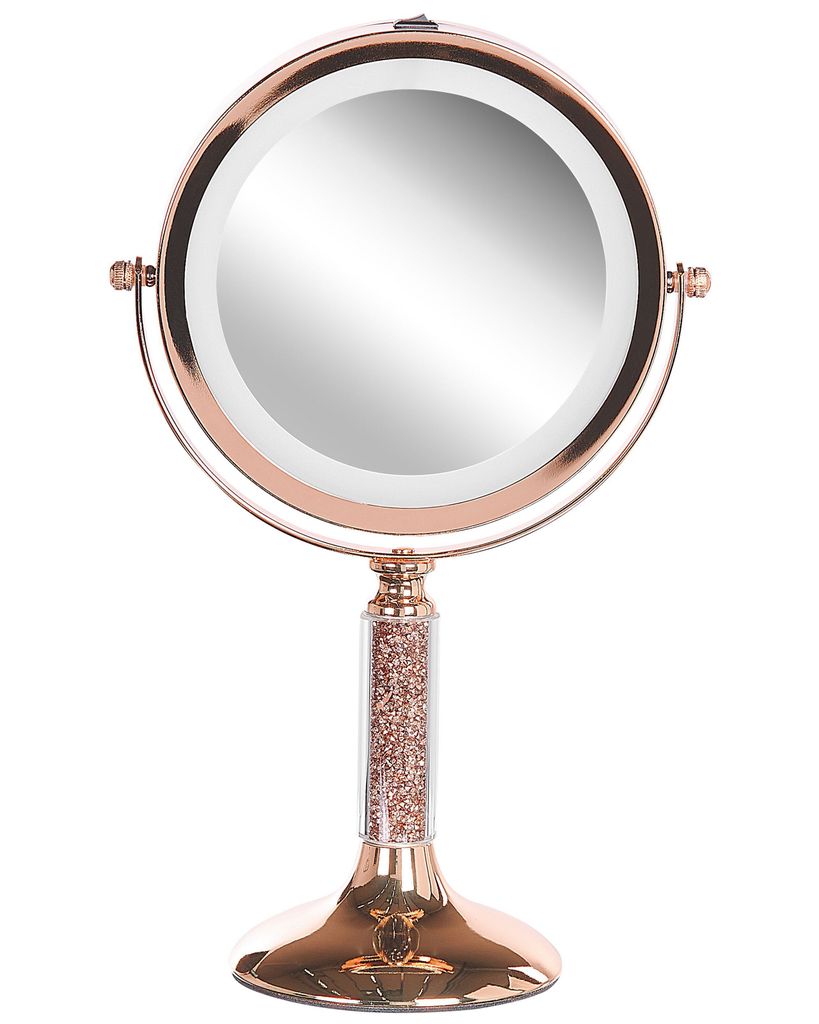 A rose gold makeup mirror with LED light on a stand.