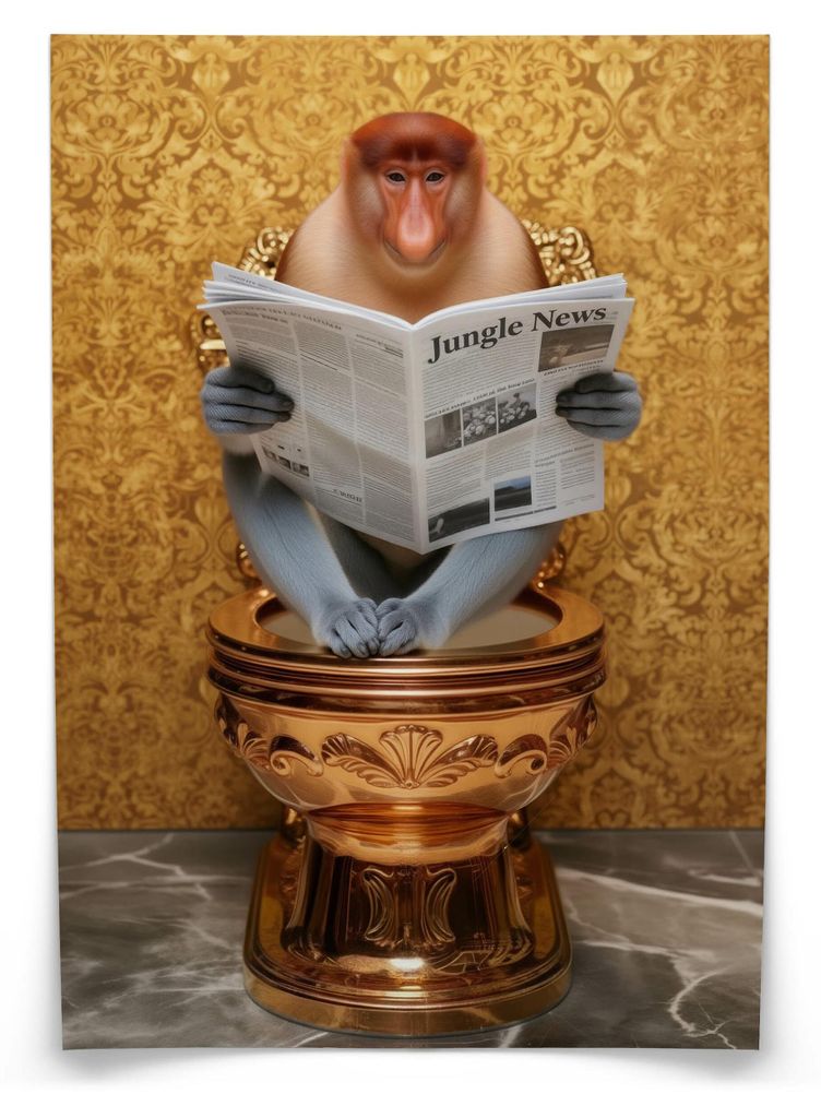 Muralo Poster für WC Badezimmer NASENAFFE mit Zeitung Goldene Toilette Abstraktion 20x30cm