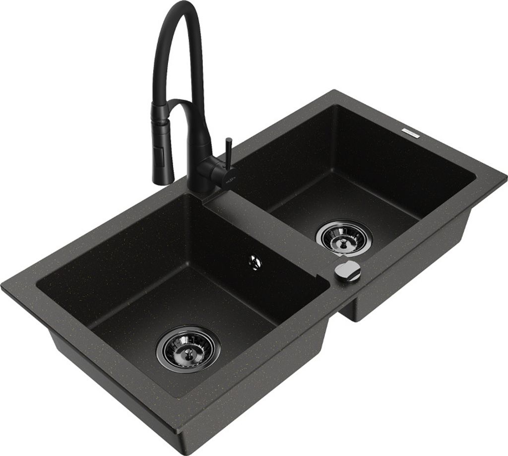 Mexen Mario 2-Becken-Granitspüle mit Mischbatterie Aster, Schwarz/Gold metallisch - 6504-75-73450-70-B