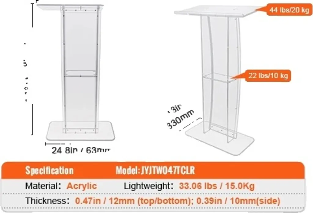 Podium acrylique blanc robuste 115cm avec large surface de lecture