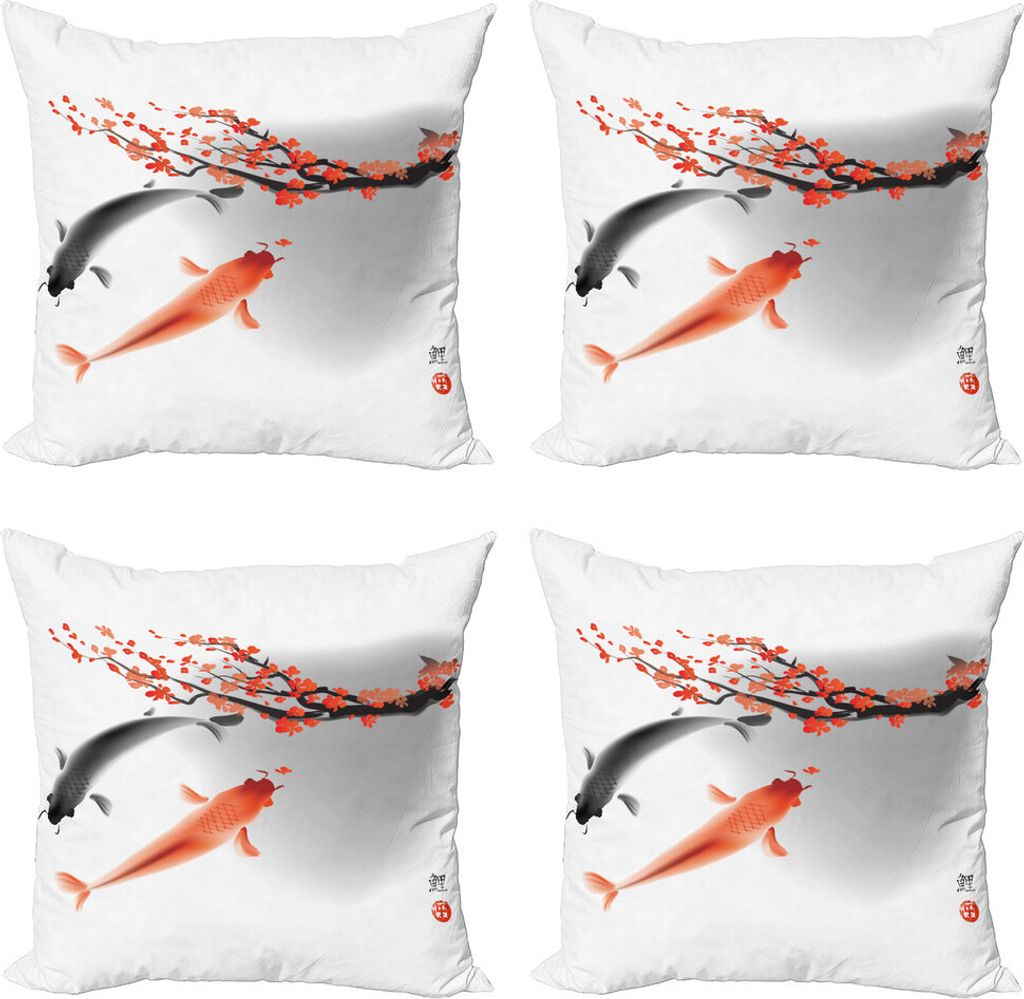 ABAKUHAUS japanisch Kissenbezug Set (4 Stück), Koi Karpfen-Fische Paar, Moderner Doppelseitiger Digitaldruck, 60 cm x 60 cm, Orange Grau