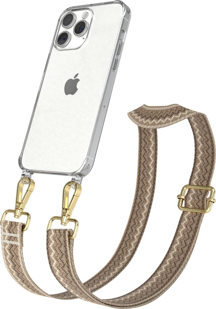Apple iPhone 15 Pro Max Chain Eyelets Slim Neck Strap Set Wave Style 07 light Brown/Brown 01 Metall Gold