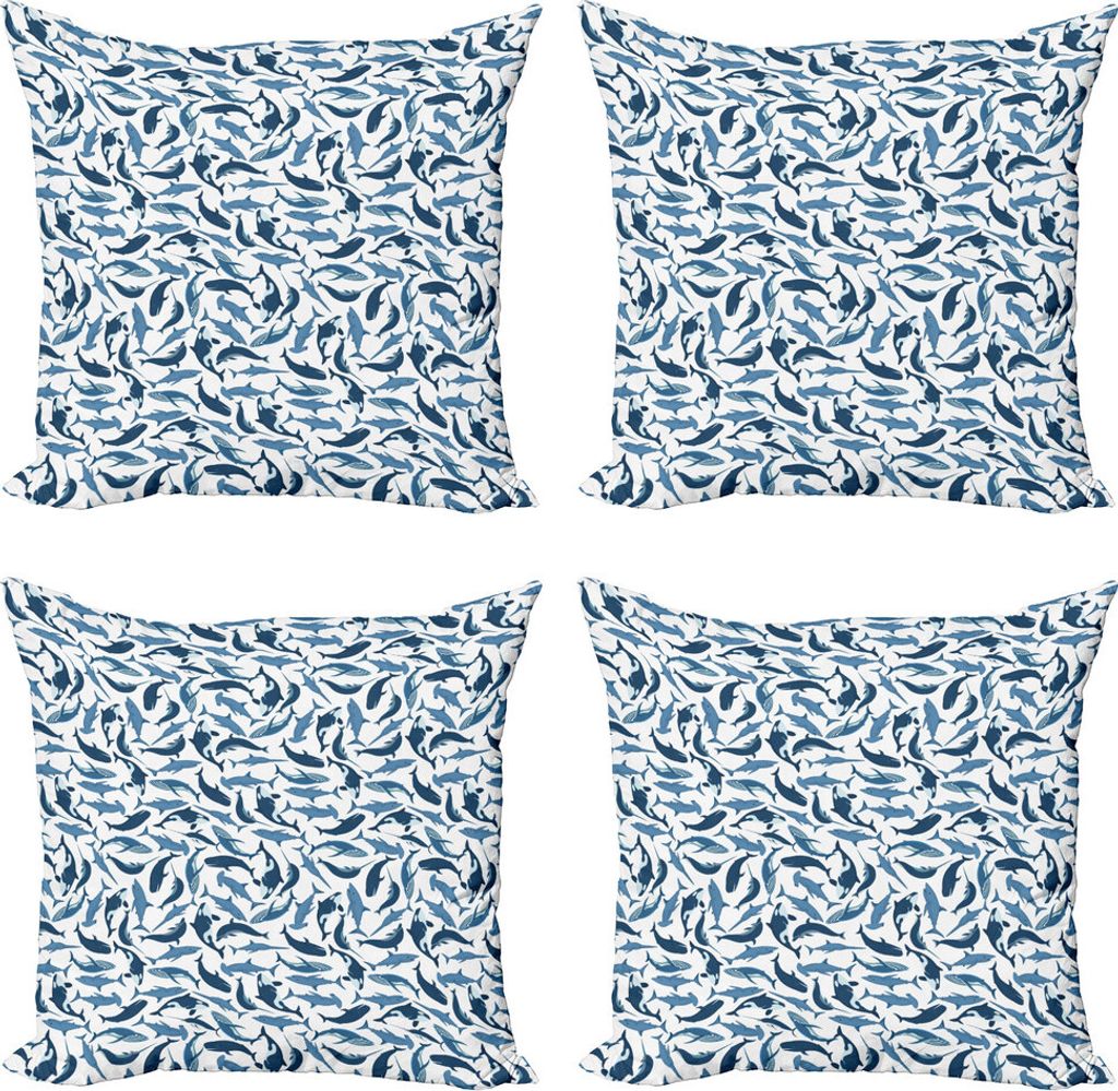 ABAKUHAUS Wale Kissenbezug Set (4 Stück), Haie Narwhal Säugetier Fisch, Moderner Doppelseitiger Digitaldruck, 40 cm x 40 cm, Weiß und Nachtblau