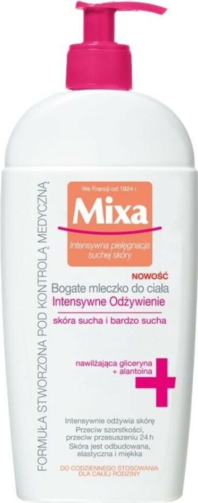 A white bottle of Mixa body milk with a pink pump dispenser.