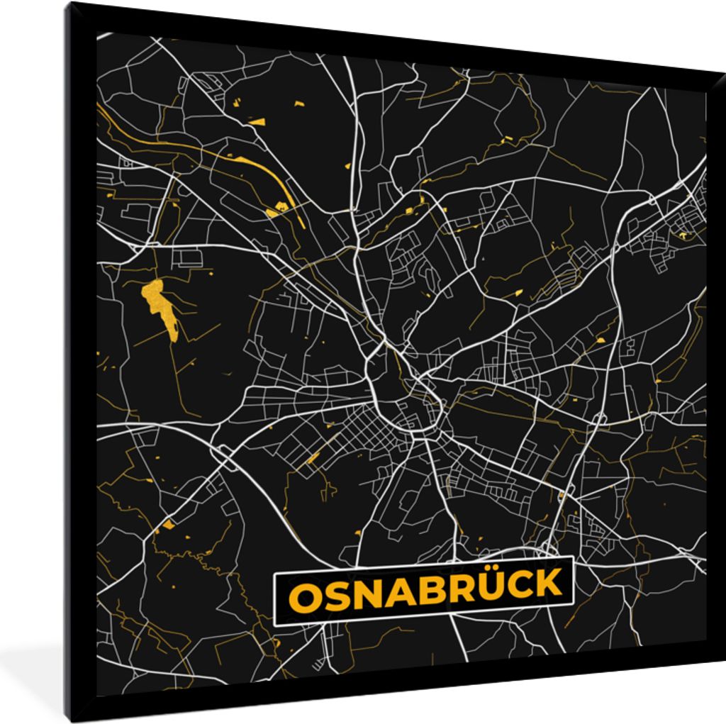 MuchoWow Gerahmtes Poster Osnabrück - Gold - Karte - Stadtplan - Deutschland 40x40 cm - Poster mit Schwarzem Bilderrahmen Wandposter Rahmen Foto...