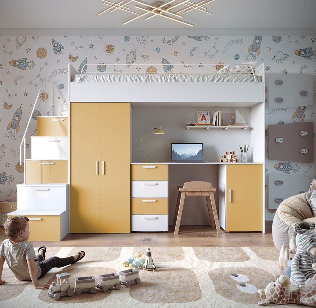 Etagenbett FELIX 4S, Hochglanz Kinderbett, Hochbett, OHNE Matratze und Lattenrost (Weiß + Gelb , Matt)