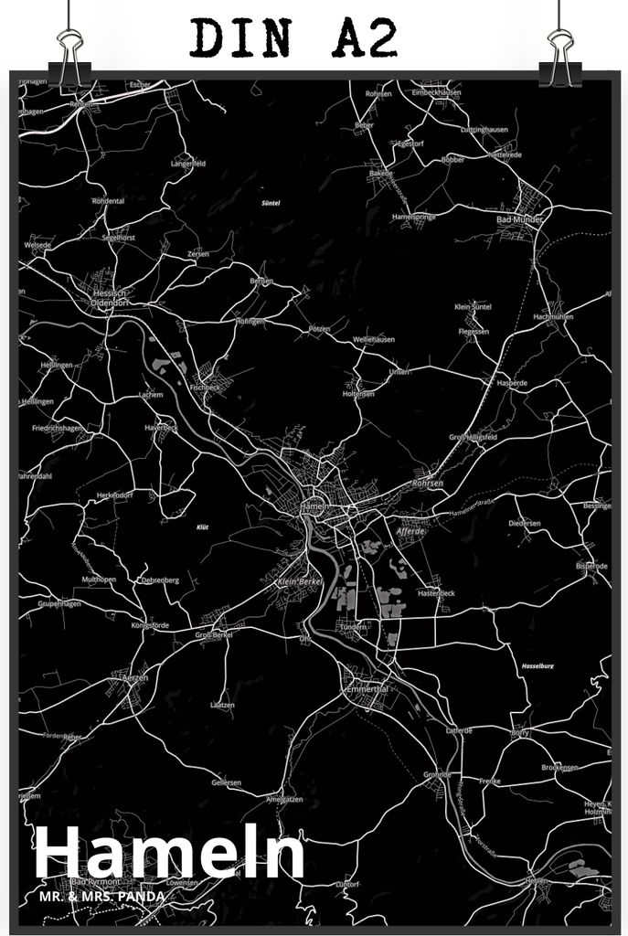 Mr. & Mrs. Panda Bild Hameln DIN A2 - Geschenk, drucke, Stadt Dorf Karte Landkarte Map Stadtplan, Wanddekoration, Kunstdruck, wanddeko, Posterdruck