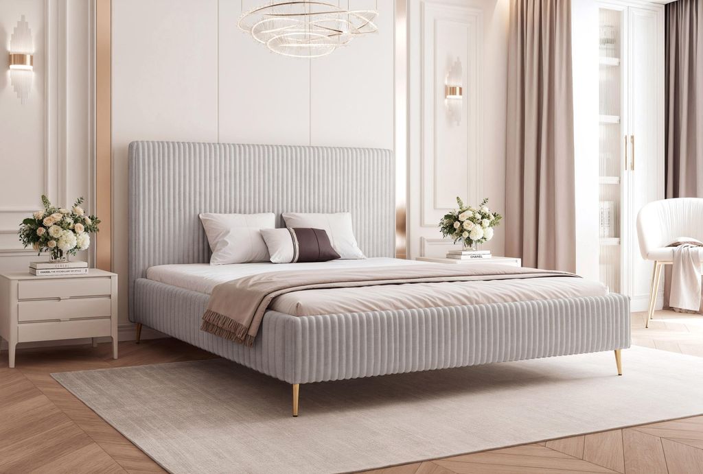 BESILIO Bett 140x200 Vienna – Bett mit Stauraum, schlankes Bett, Lattenrost – Samtstoff – Hellgrau