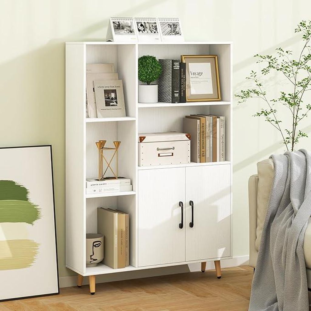 Aufbewahrungsschrank mit 5 offenen Fächern & Doppeltürschrank, Holzschrank mit Metallbeine, modernes Ablageregal, 80 x 23,5 x 119 cm, Weiß