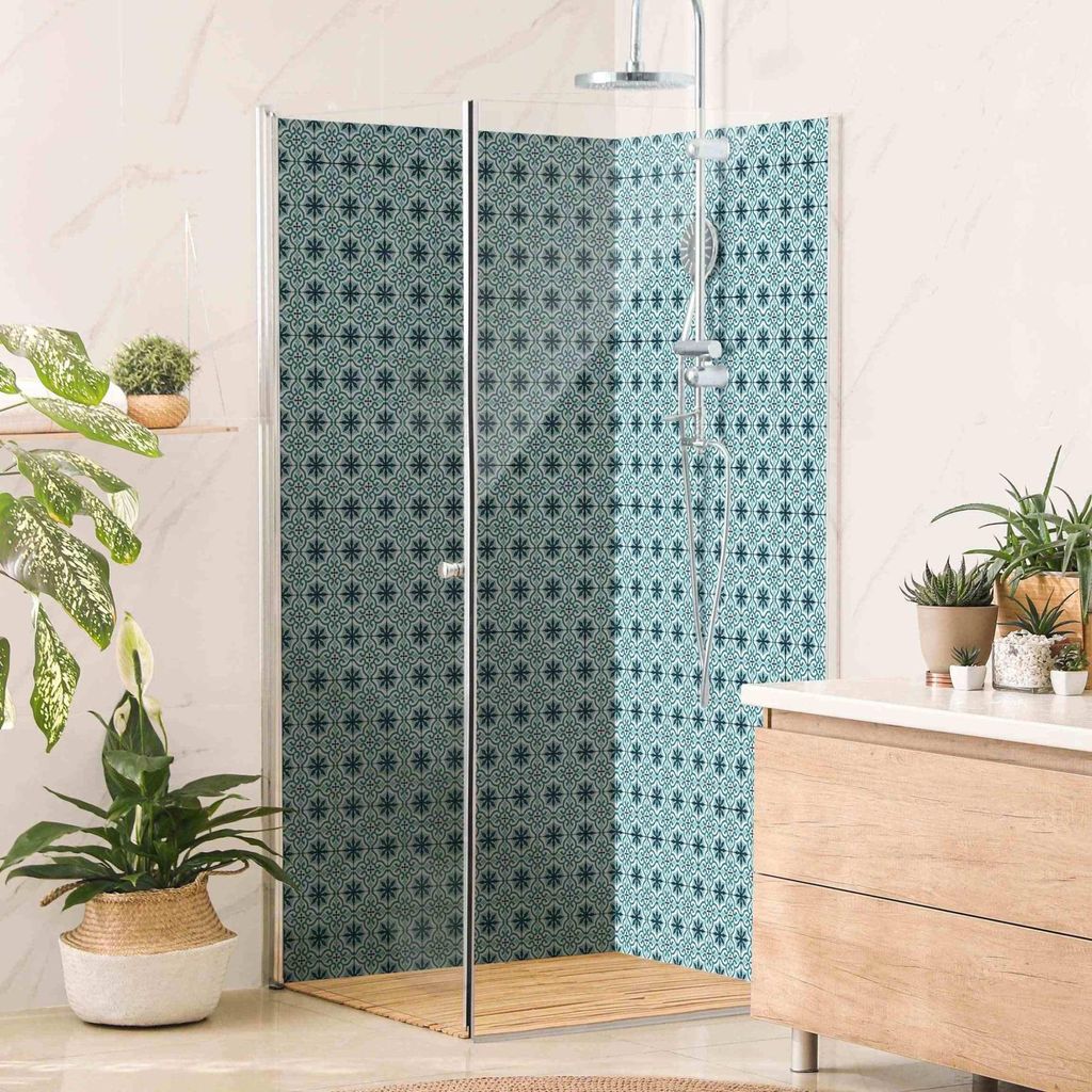Duschrückwand mit Motiv selbstklebend - 0.61 mm Wandpaneel wasserfest Design türkis Fliesenoptik Illustration Badrückwand fugenlos Premium matt ...