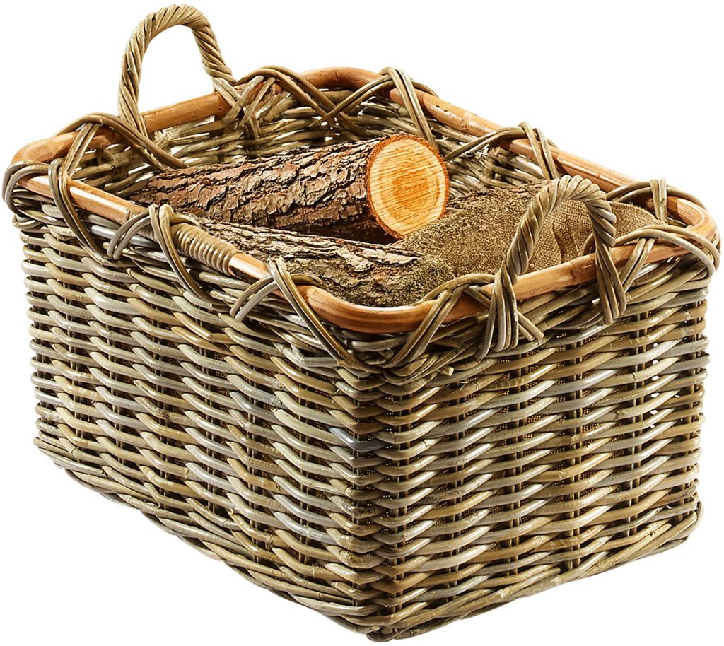 Lockardi Kaminholzkorb aus Rattan grau mit abnehmbarem Jutestoff | Holztrage für Kaminholz Holzkorb Brennholzkorb Feuerkorb