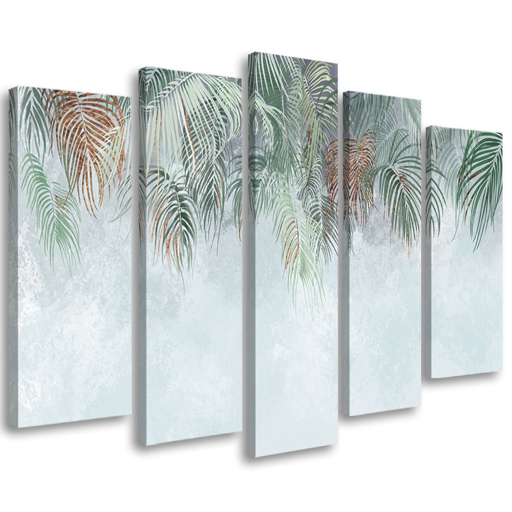 5-teiliges leinwandbild palmenblätter 100x70 cm Feeby silber wandbild bereit zum aufhängen
