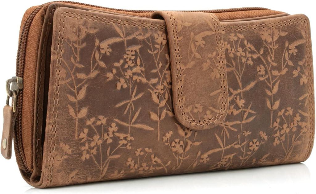 Damen Portemonnaie XL aus Echtleder mit RFID-Schutz – mit Blumenmotiv, viel Platz für Karten & Münzen – Elegante Große Brieftasche für All...
