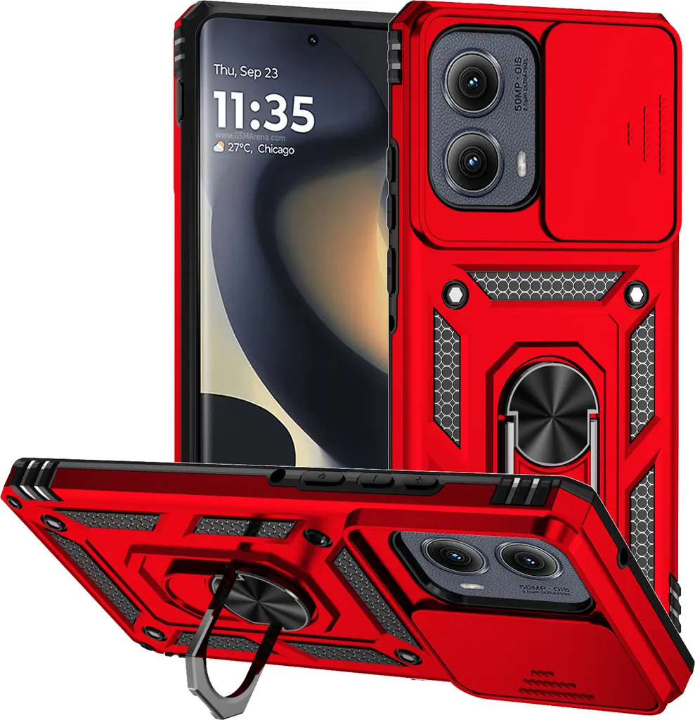 Custodia per Motorola Edge (2024) a doppio strato con copertura scorrevole della fotocamera e supporto ad anello Rosso