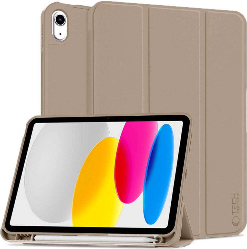 A beige tablet case with a tablet inside, displayed in a studio setting.