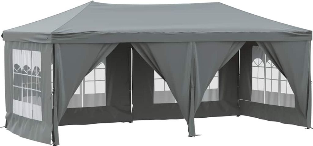 A gray party tent with windows and side walls, shown from the front.