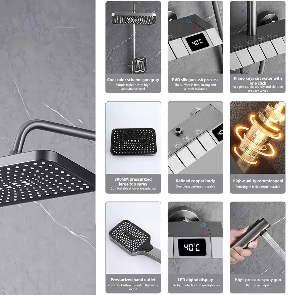 Douchette haute pression à LED indicateur de température couleur gris