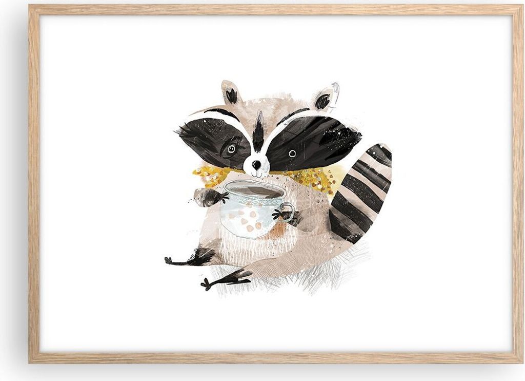 Gerahmtes Poster - Rahmen in heller Eiche - Waschbär Tasse Kinder - 70x50 cm - Wand Bild - Wanddeko - Wandbilder - Kunstposter - Wandposter - Bild...