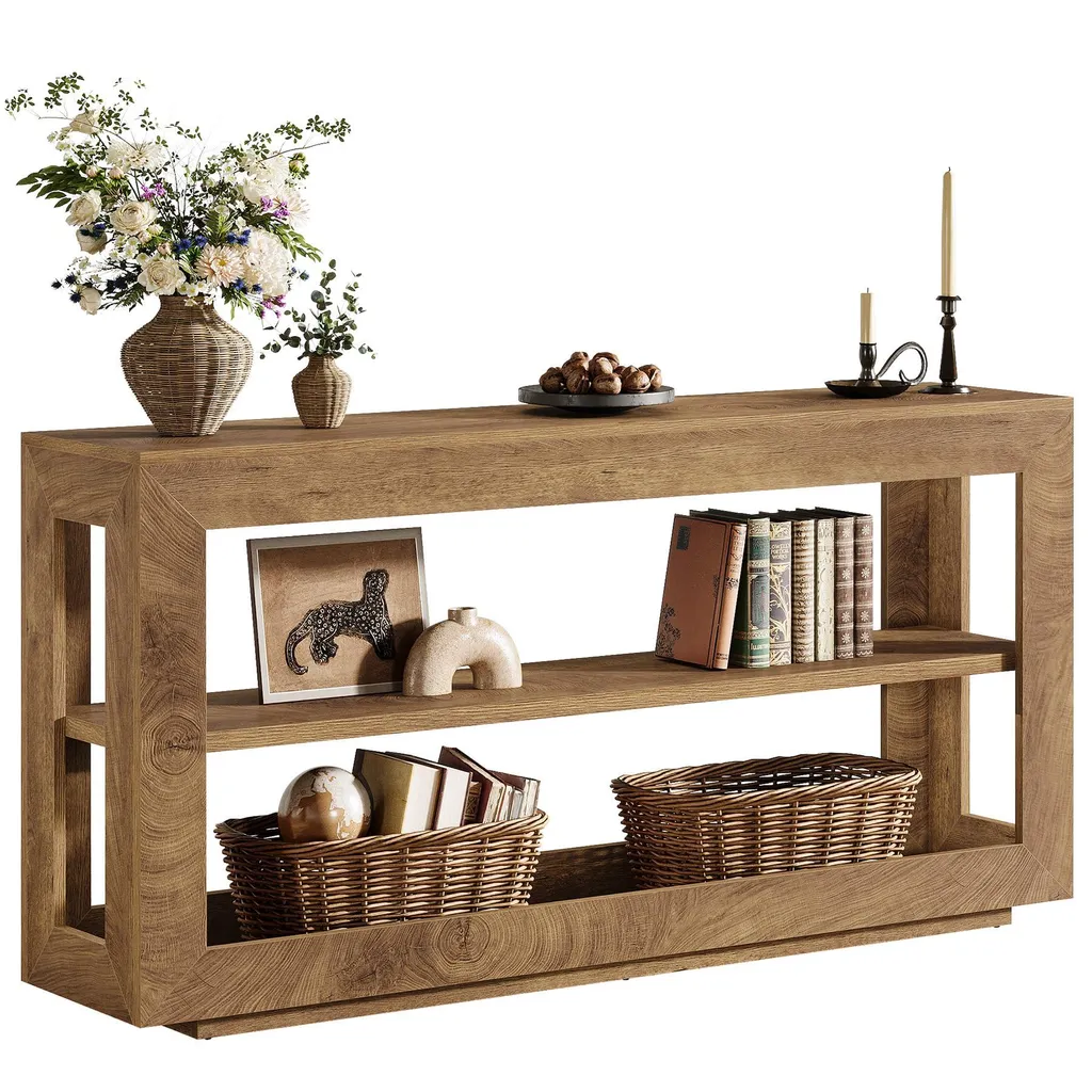 Grande Table d'Entrée Rustique de 160 cm en Bois avec Étagères de Tri