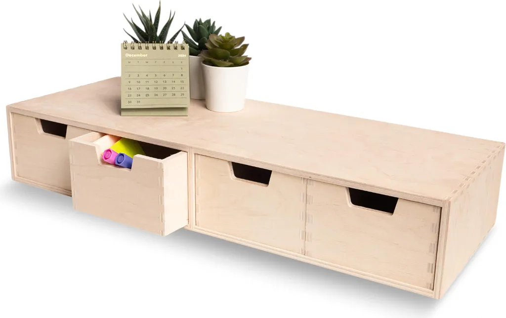 Petite Commode en Bois Naturel 4 Tiroirs - Rangement Bureau Compact