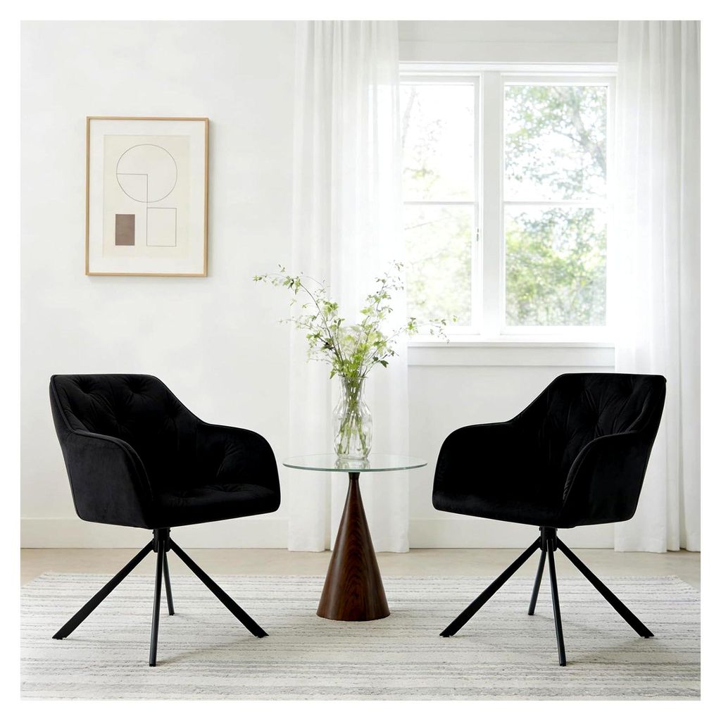 Schminktischstuhl 2er Set, Gepolsterter Sessel mit Rückenlehne aus Samt, Schwarze Beine, Schminkstuhl für Wohnzimmer und Schlafzimmer, Schwarz