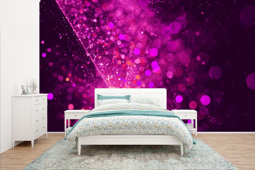 MuchoWow Fototapete für Wohnzimmer oder Schlafzimmer Wandtapete Vinyl Motivtapete Violette Geometrie mit Licht - 400x240 cm - Gemustert