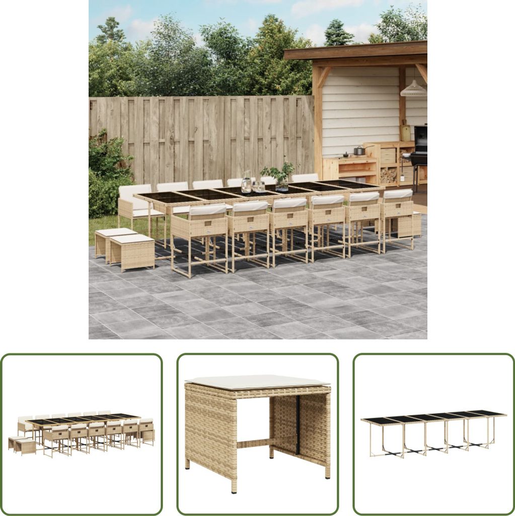 The Living Store 17-tlg. Garten-Essgruppe mit Kissen Beige Poly Rattan