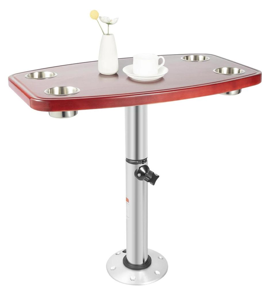 Wohnmobil-Tisch - Campingtisch - Verstellbar - Vier Becherhalter - Abnehmbar - Tischplatte 60×38×3 cm - Massivholz, Aluminium, Edelstahl - Braun