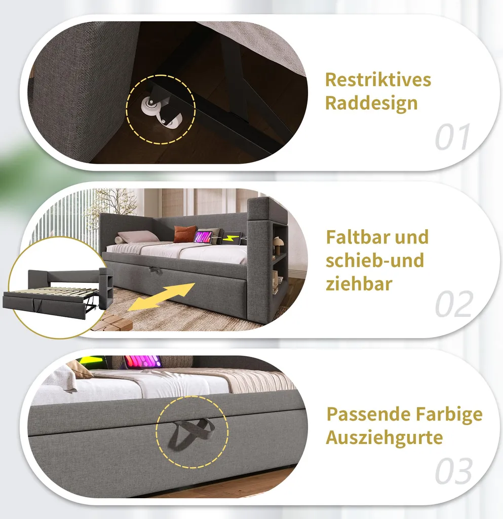 Lit banquette 90x200 gris pour chambre d'amis avec couchage d'appoint - 3