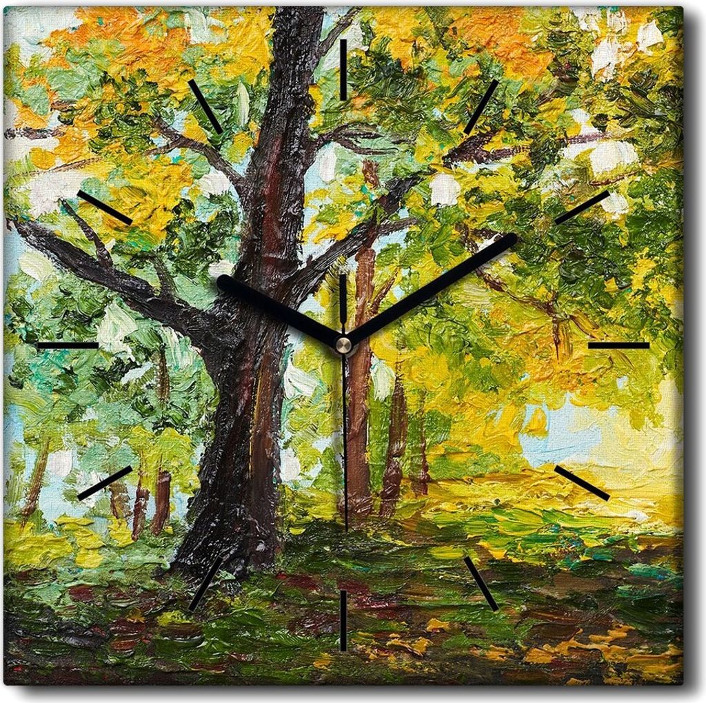 Coloray Uhr auf Leinwand 30x30 cm Wand Uhr Dekoration Wohnzimmer Segeltuch schwarze Hände -Landschaft eines Baumwaldes
