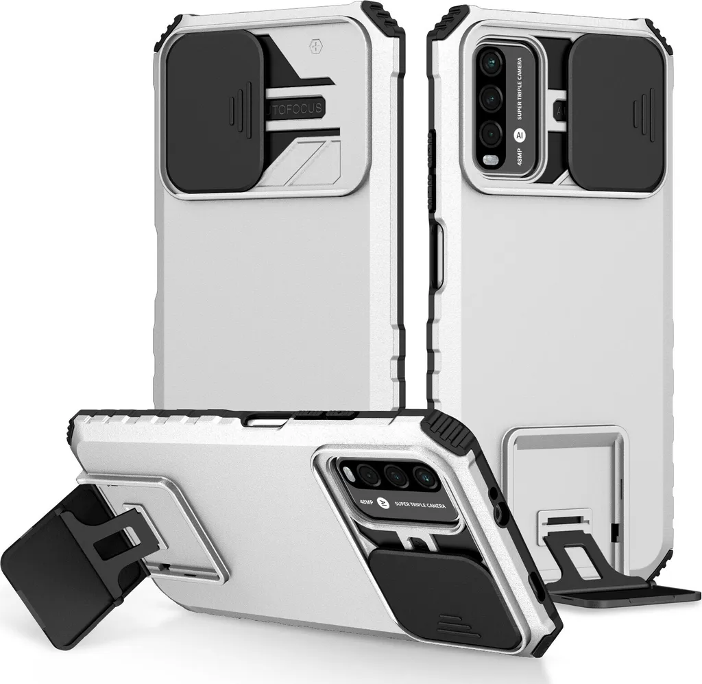 Custodia per Xiaomi Poco M3 / Redmi 9T a doppio strato robusta, protezione militare con supporto e fotocamera scorrevole Bianco
