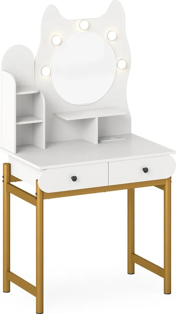 Coiffeuse chat pour chambre fille : miroir LED et tiroirs spécial bijoux