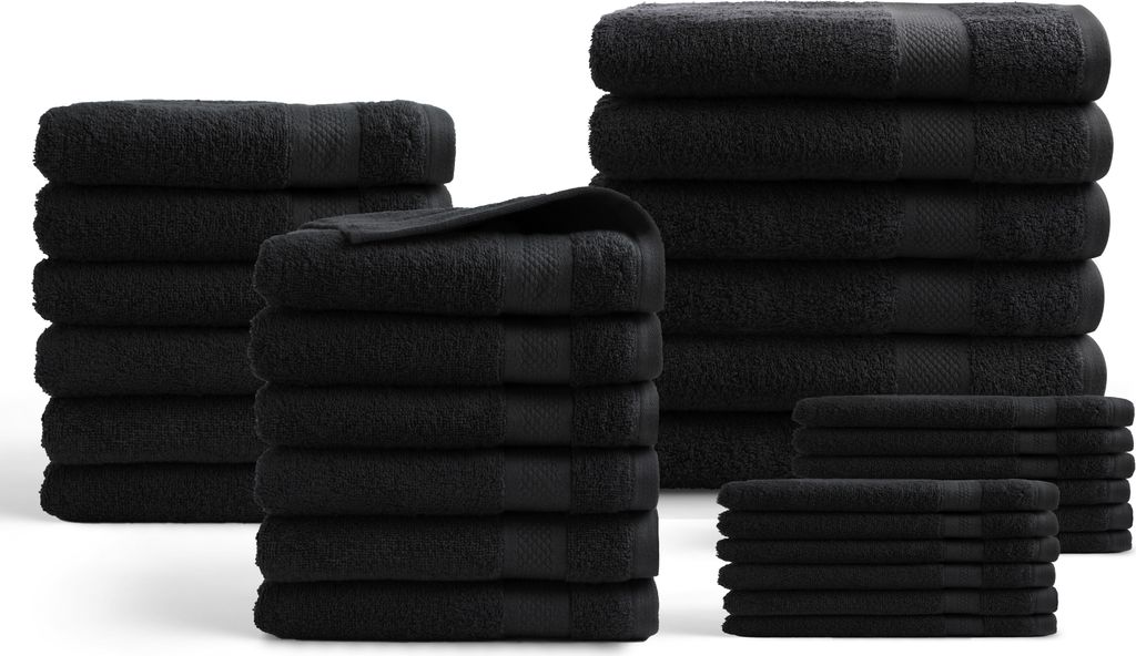 DoubleDry Hotel Kollektion Handtücher Set - 30 Teilig - 100% Baumwolle - 500 g/m² - Weich - Saugstark - Schwarz