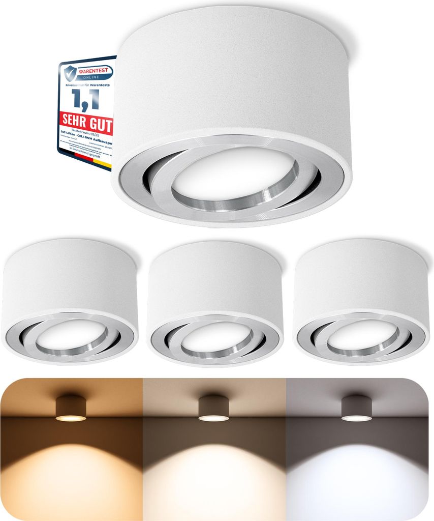 CELI-1W 4er Set LED Aufbauspot dimmbar - 3-in-1 Lichtfarbe umschaltbar - rund weiß schwenkbar 230V 6Watt