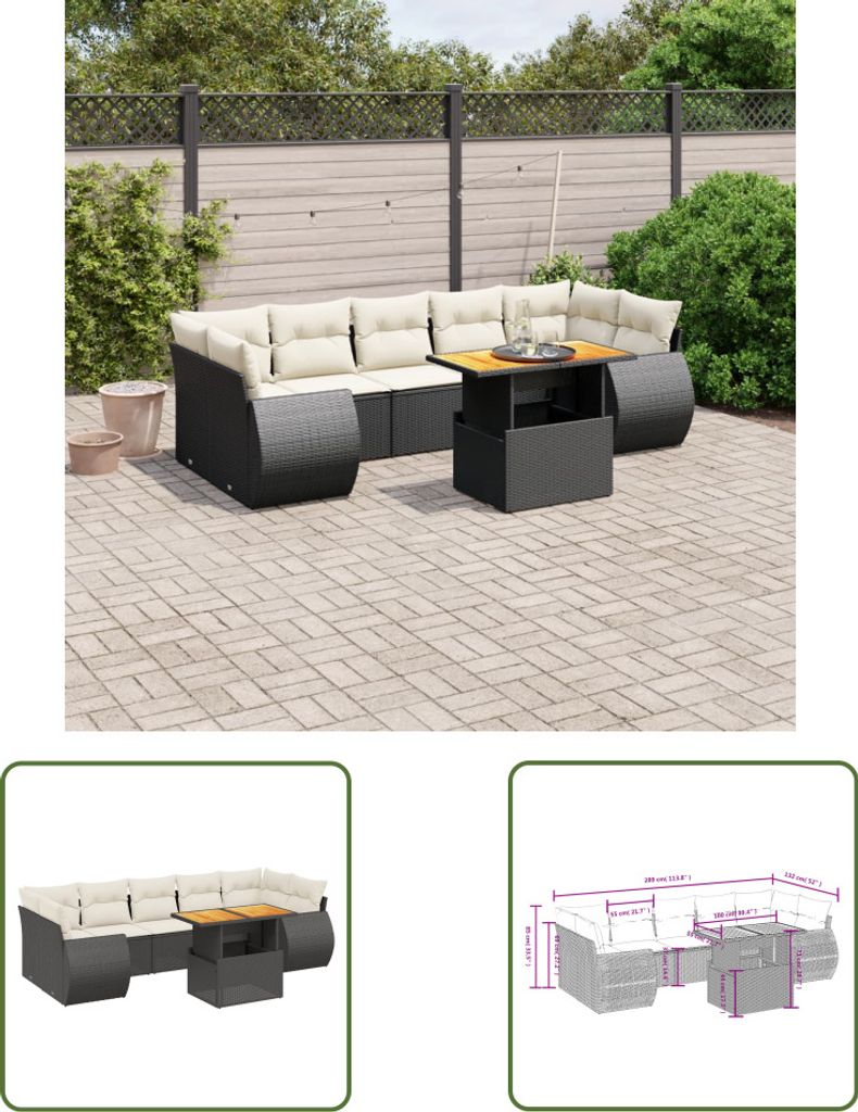 The Living Store 8-tlg. Garten-Sofagarnitur mit Kissen Schwarz Poly Rattan