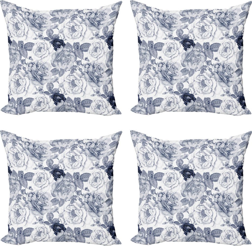 ABAKUHAUS Shabby Flora Kissenbezug Set (4 Stück), Garden Spring Roses, Moderner Doppelseitiger Digitaldruck, 45 cm x 45 cm, Blau, Grau und Weiß