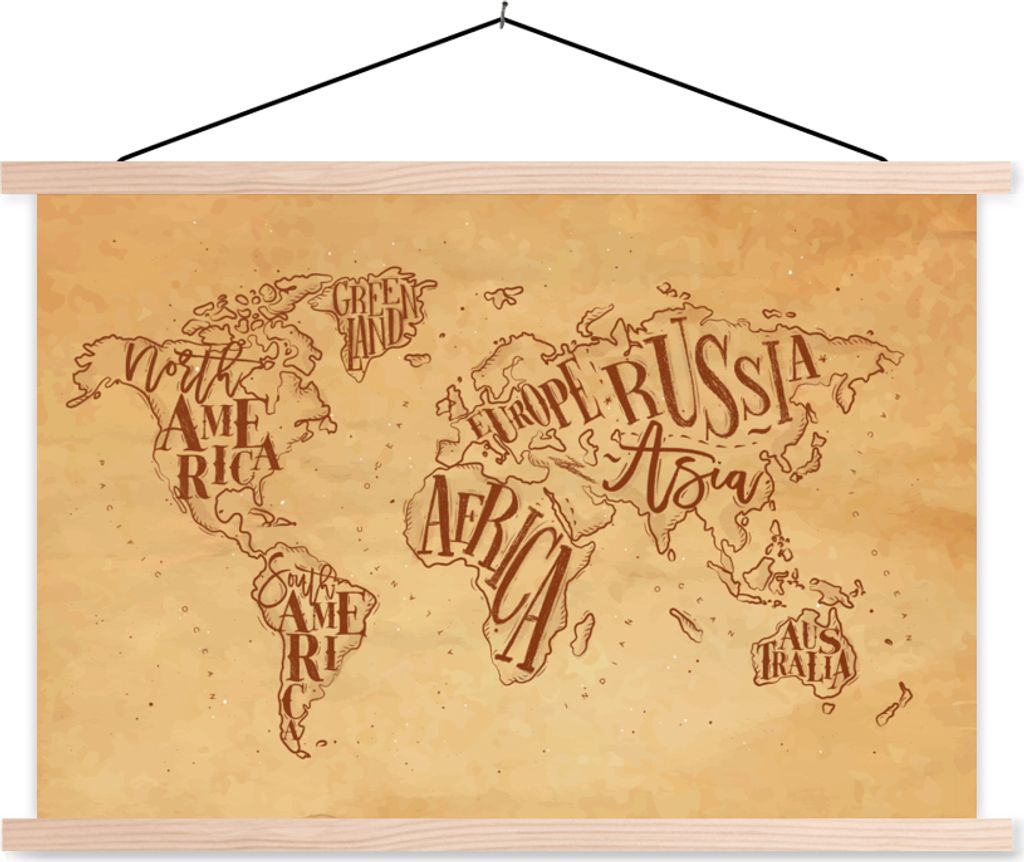 MuchoWow Textilposter Weltkarte - Retro - Braun 60x40 cm mit holzfarbenen Rahmen - Bilder