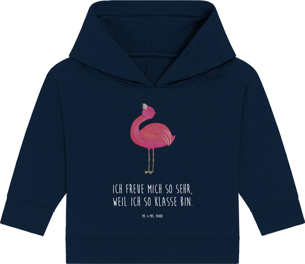 Mr. & Mrs. Panda Organic Baby Hoodie Flamingo Stolz 12. - 18. Monat - French Navy - Geschenk, Freundin, Freude, Selbstliebe, Rosa, Kapuzensweatshir...