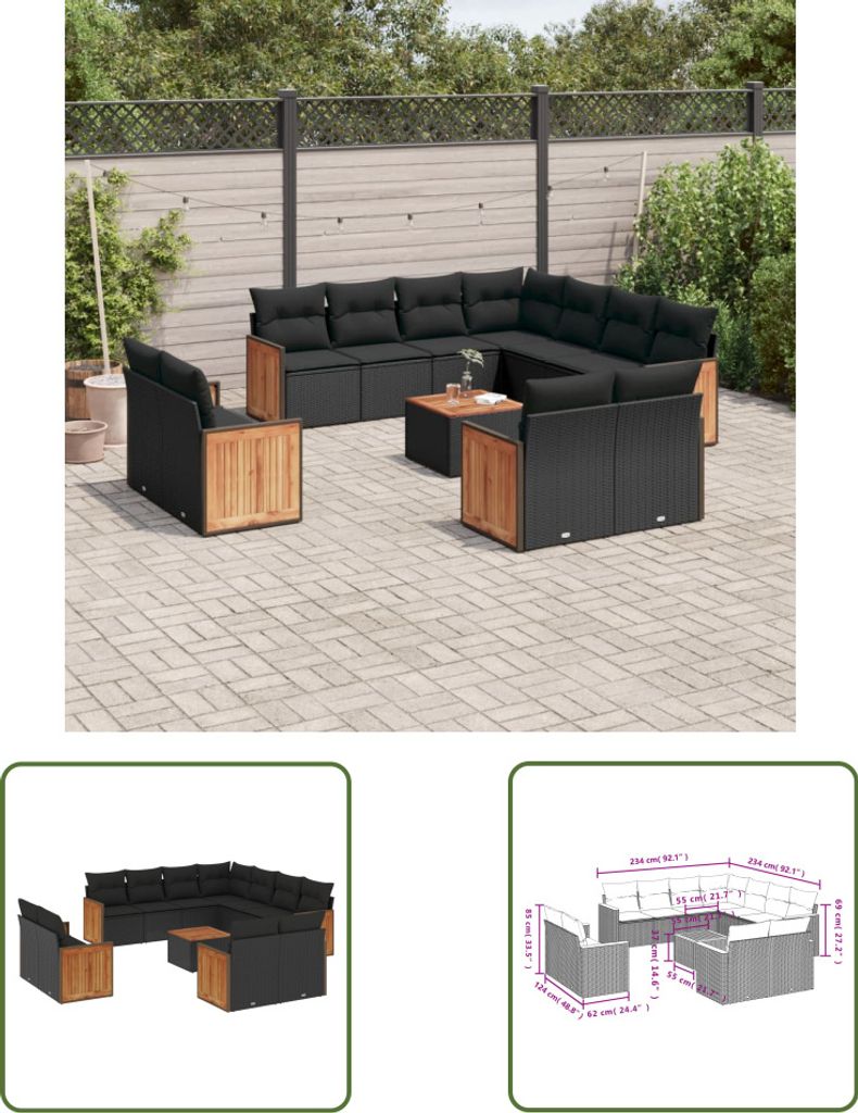 The Living Store 12-tlg. Garten-Sofagarnitur mit Kissen Schwarz Poly Rattan