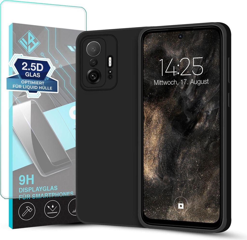 Hülle für Xiaomi 11T / 11T Pro mit 9H Displayglas Displayschutz Plus Case Cover Bumper Silikon Softgrip Schutzhülle Farbe: Schwarz