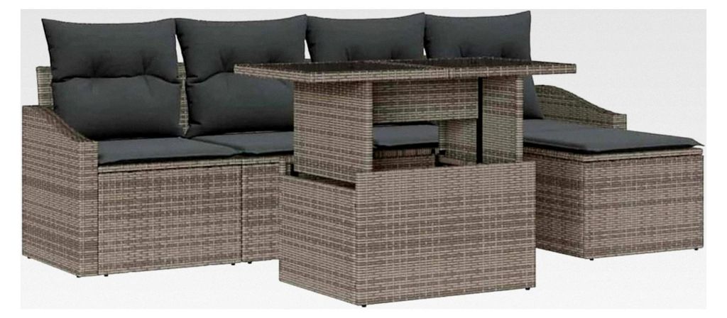 6-teiliges Garten-Sofa-Set mit Kissen Grau Poly-Rattan Lounge Sofa Outdoor