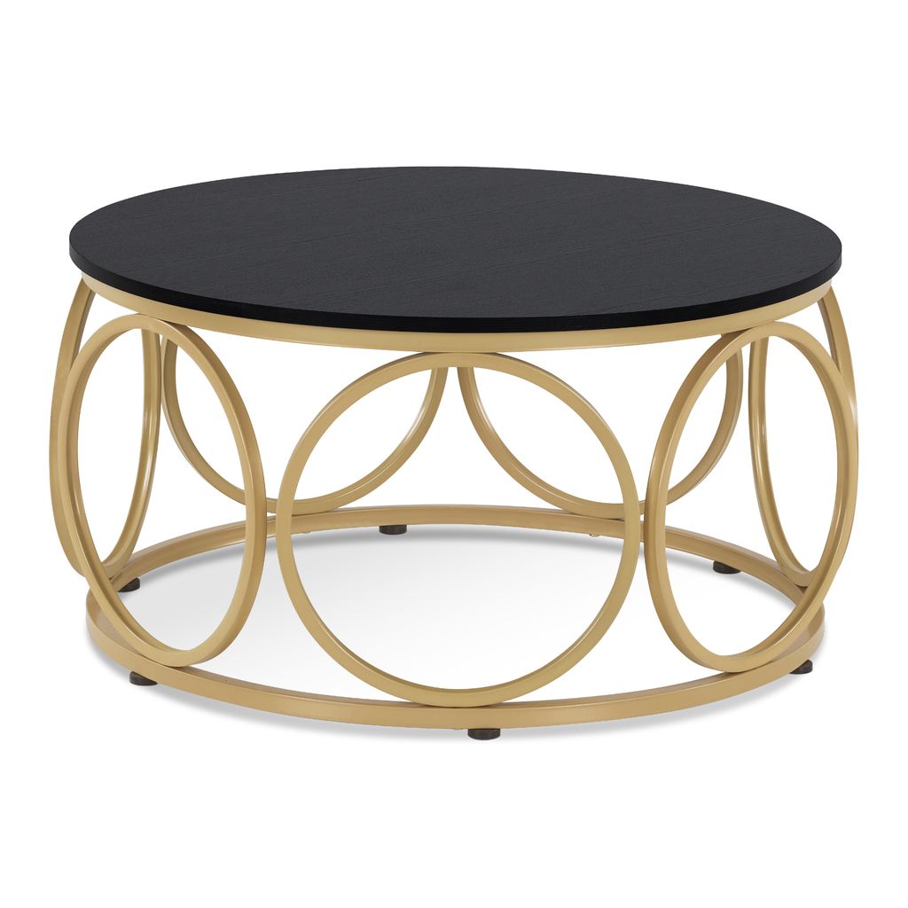 M MCombo Couchtisch Rund Holz, Modern Sofatisch Schwarz-Gold, Klein Kaffeetisch Metallgestell, Beistelltisch für Wohnzimmer, Durchmesser 80cm, 2102