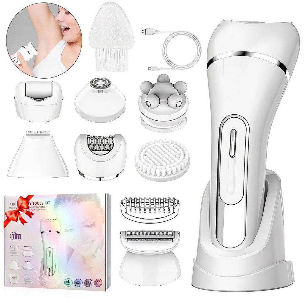 Damen 7-in-1 Haarentferner, Rasierer, Gesichtsrasierer, Reinigungsbürste, Gesichtsmassagegerät & Körper-Peeling, wiederaufladba, 2 Geschwindigke...