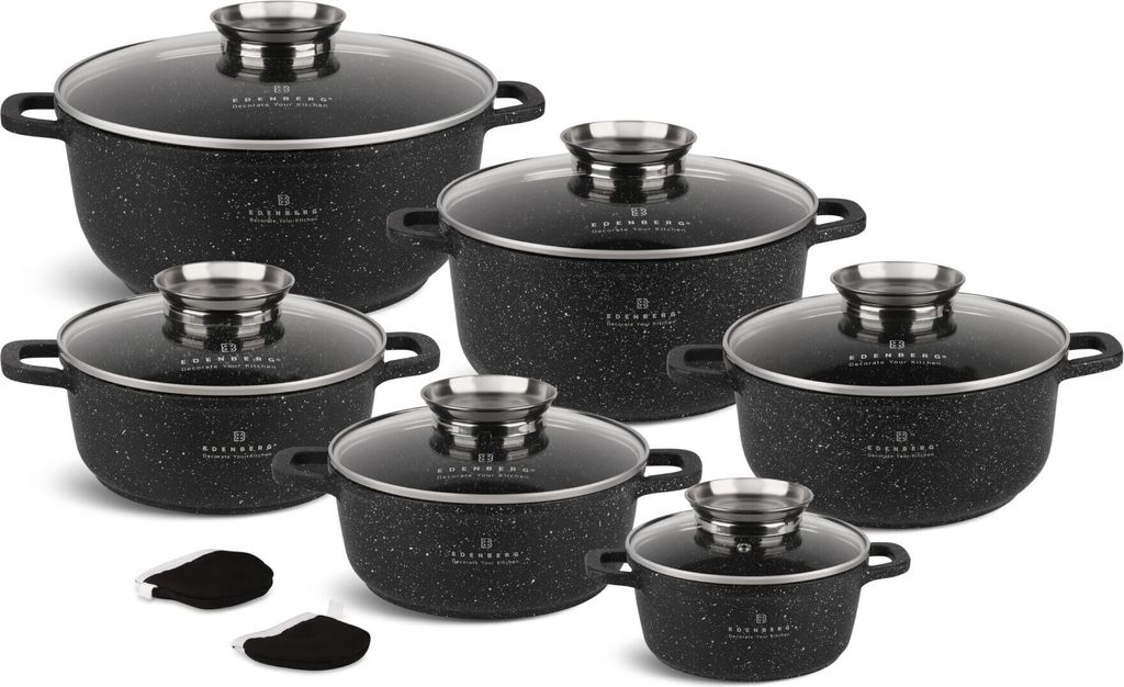 Schöne schwarze Töpfe 12tlg, Topfset, Suppentopf, Großer Topf, Glasdeckel, Induktion ,Steinbeschichtung (6,8L/ 4,5L/ 3,2L / 2,3L / 2,3L / 1,3L)
