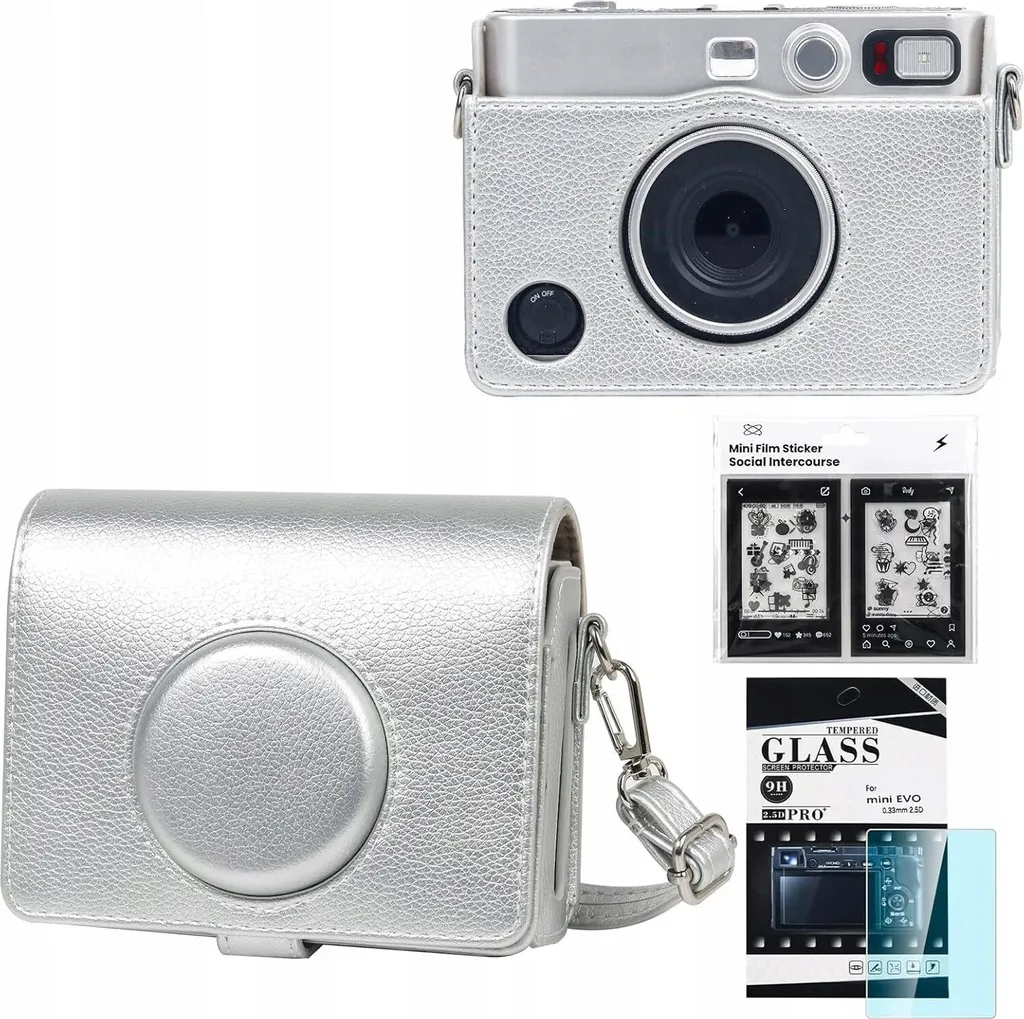 Protection 9H et étui argenté antichoc pour Fuji Instax Mini Evo