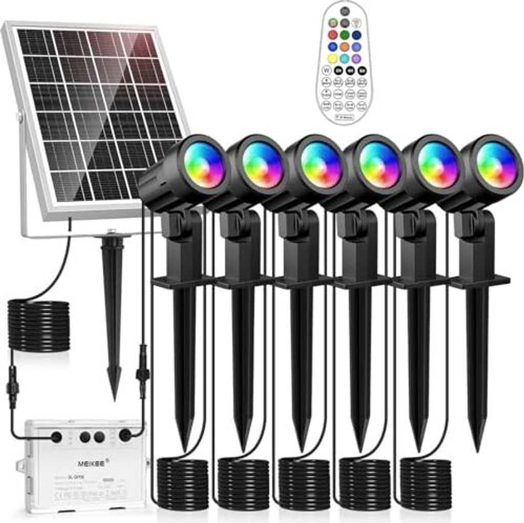 MEIKEE Solar Spotlight RGB 6 in 1 LED Outdoor Gartenlichter Fernbedienung wasserdichte IP66 10 Farben 12 Modi Farbwechsel Helligkeit 6000