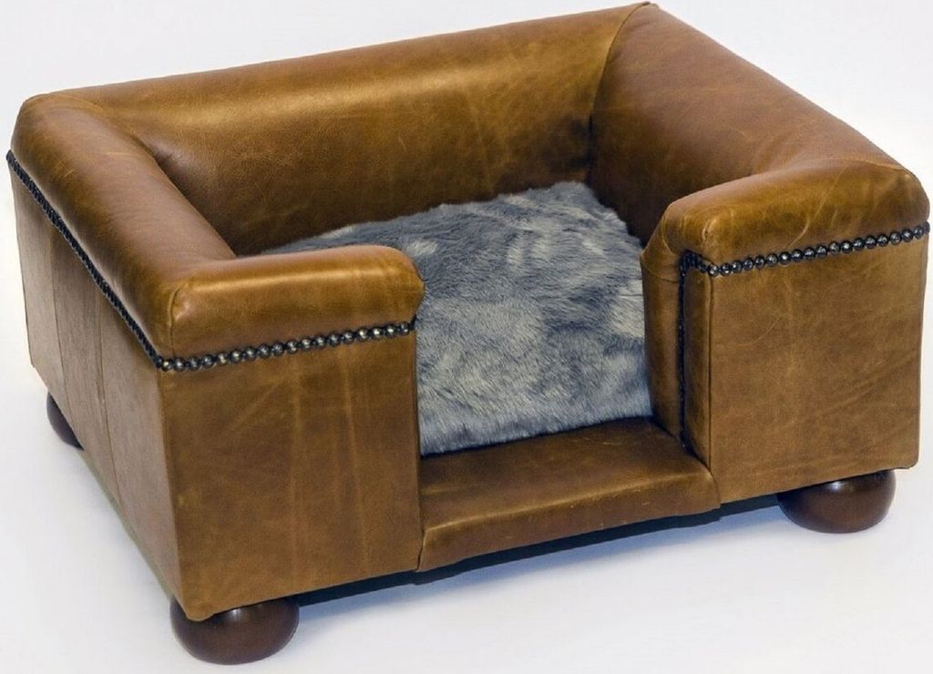 Casa Padrino Luxus Leder Hundebett Vintage Braun / Dunkelbraun / Grau 65 x 55 x H. 31 cm - Rechteckiges Echtleder Hundebett - Luxus Echtleder Tierm...