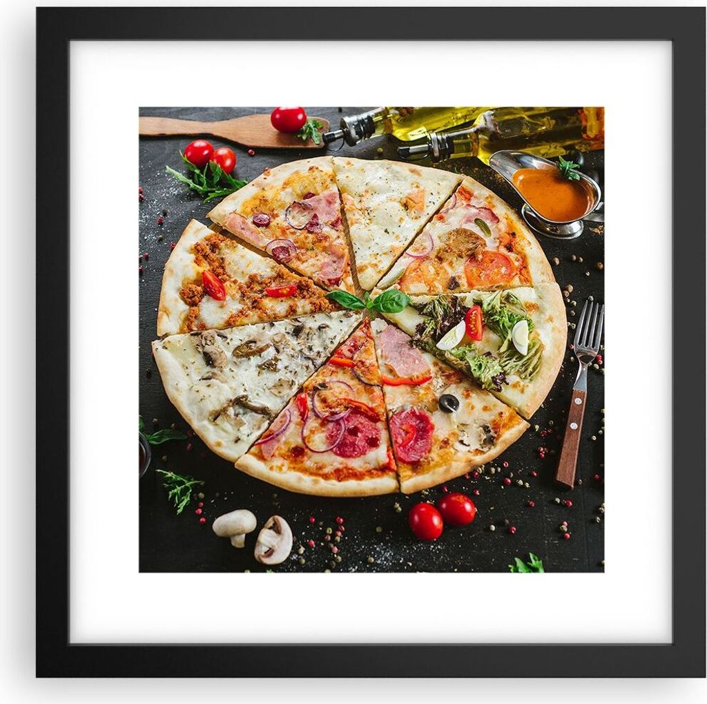 Gerahmtes Poster - Schwarzer Rahmen - Pizza Käse Tomaten - 30x30 cm - Wand Bild - Wanddeko - Wandbilder - Kunstposter - Wandposter - Bilderrahmen ...