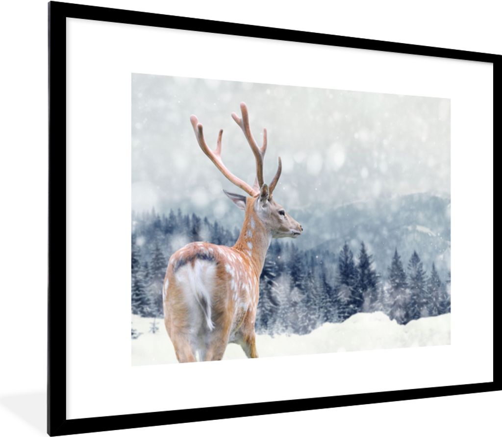 MuchoWow Gerahmtes Poster Winter - Hirsche - Tiere 80x60 cm - Poster mit Schwarzem Bilderrahmen Wandposter Rahmen Foto Bilder - Schlafzimmer-Deko...