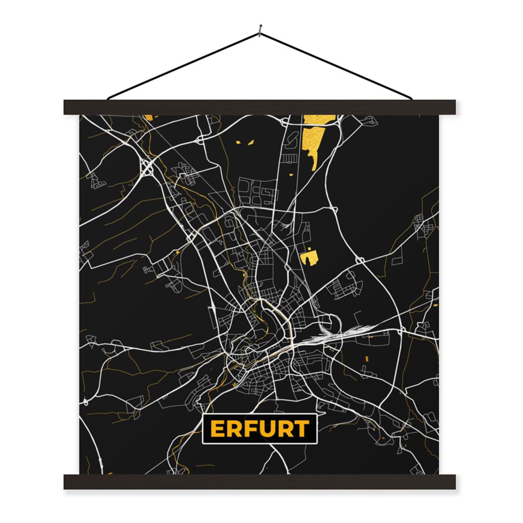 MuchoWow Textilposter Erfurt - Gold - Deutschland - Karte - Stadtplan 90x90 cm mit schwarzem Rahmen - Magnetisches